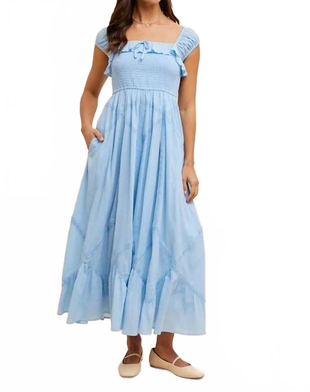 NEW IN-LOOM smocked maxi dress with lace trim in blue